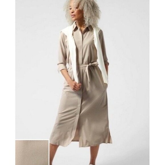Athleta Dresses & Skirts - Athleta Urbanite Textured Stripe Shirt Dress Belted Size L Tan & Cream  $175